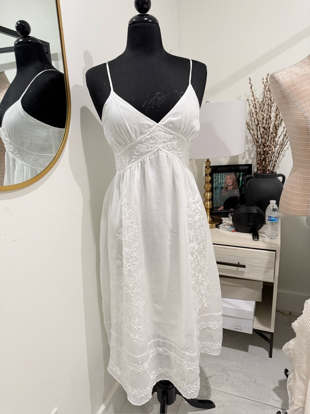 J Crew White  Embroidered Spaghetti-Strap Dress